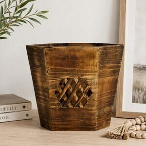 Vintage 70s Wooden Wastebasket Geometric Carved Trash Can Rustic Decor